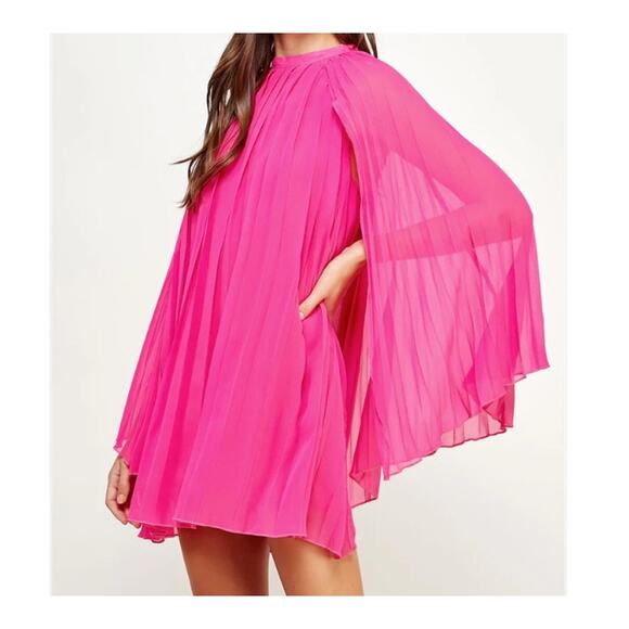 Womens STRUT & BOLT Pleated Chiffon Cape Shift Dress Hot Pink Size S EUC - Picture 1 of 2